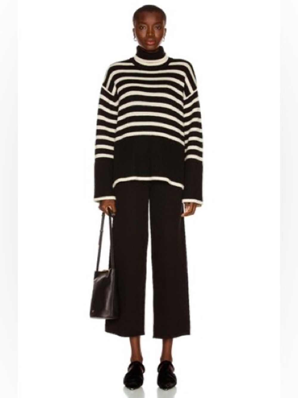 TOTEME Signature Striped Wool Blend Turtleneck Sweater Black Beige M Retail $570 - Picture 4 of 13